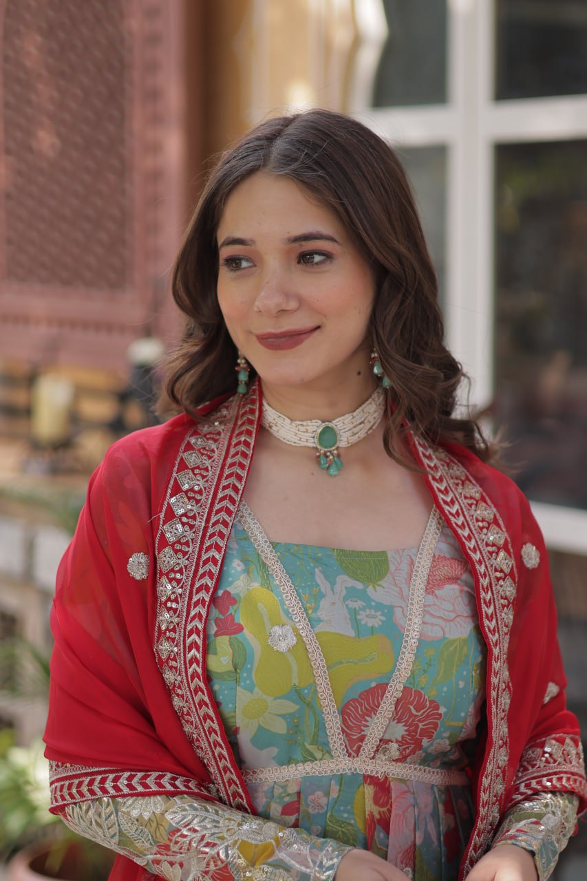 Elegant Russian Silk Anarkali Set With Embroidered Dupatta - ETHNICDEAL