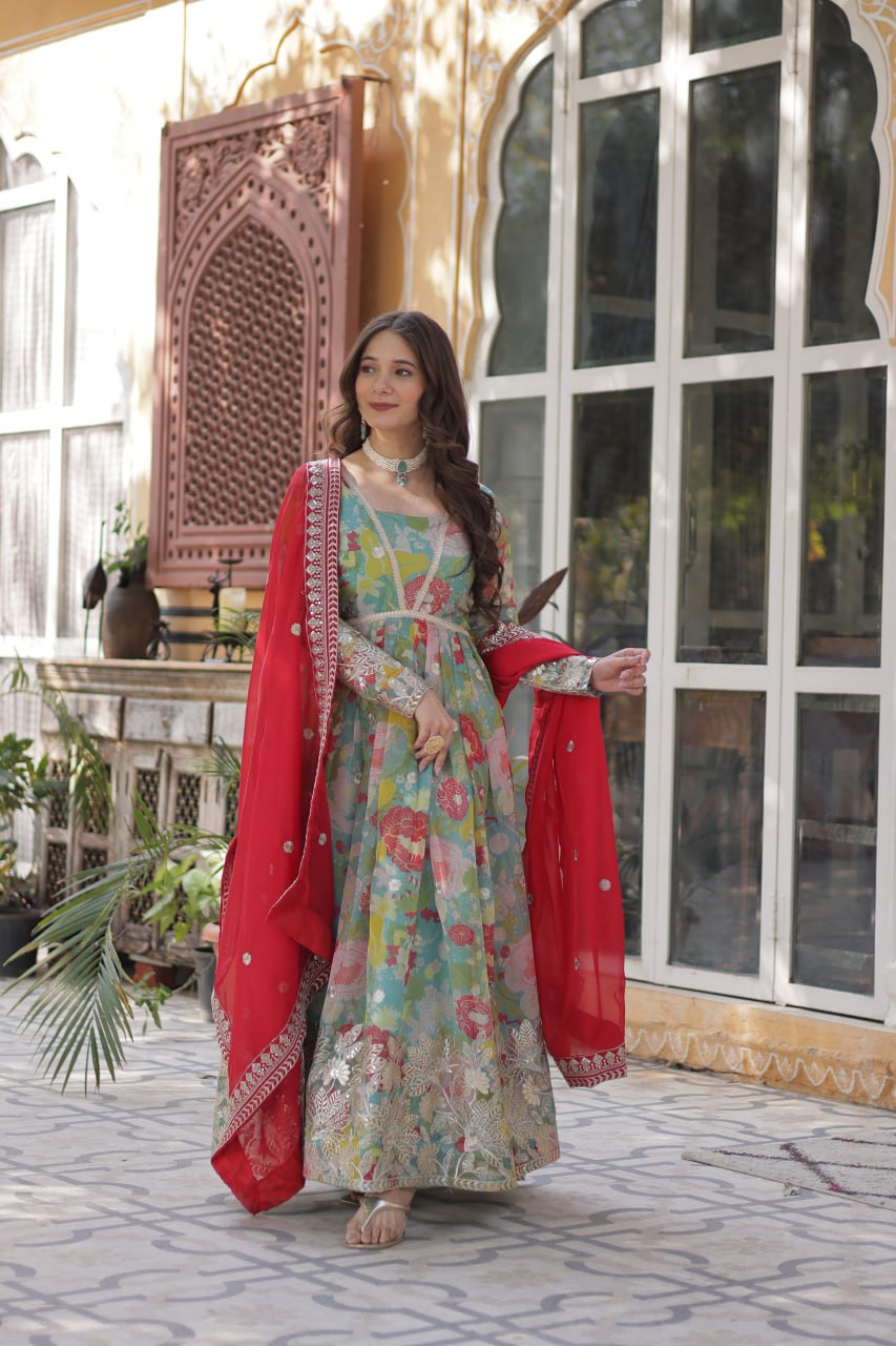 Elegant Russian Silk Anarkali Set With Embroidered Dupatta - ETHNICDEAL