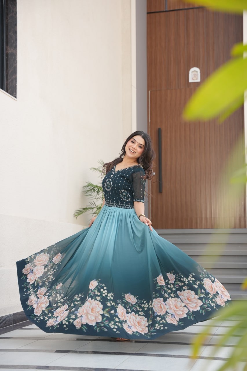 Floral Beaded Embroidered Faux Georgette Gown - ETHNICDEAL