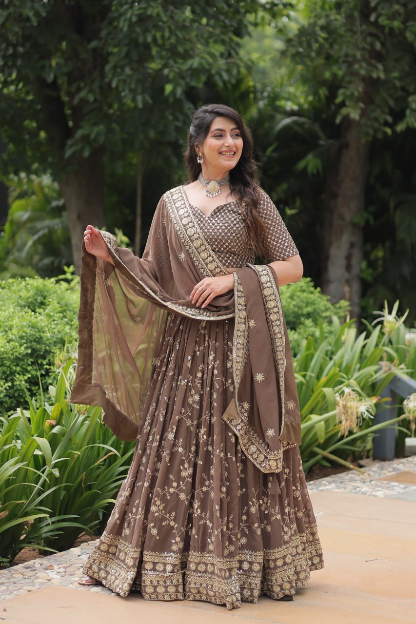 Breathtaking Brown Faux Georgette Sequins Embroidered Lehenga Choli - Ethnicwish