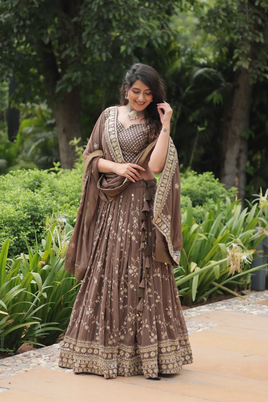 Breathtaking Brown Faux Georgette Sequins Embroidered Lehenga Choli - Ethnicwish