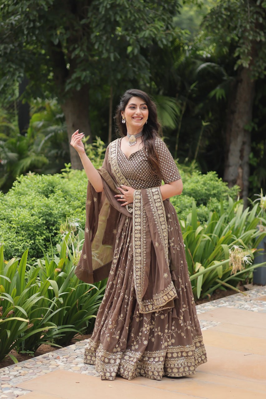 Breathtaking Brown Faux Georgette Sequins Embroidered Lehenga Choli - Ethnicwish