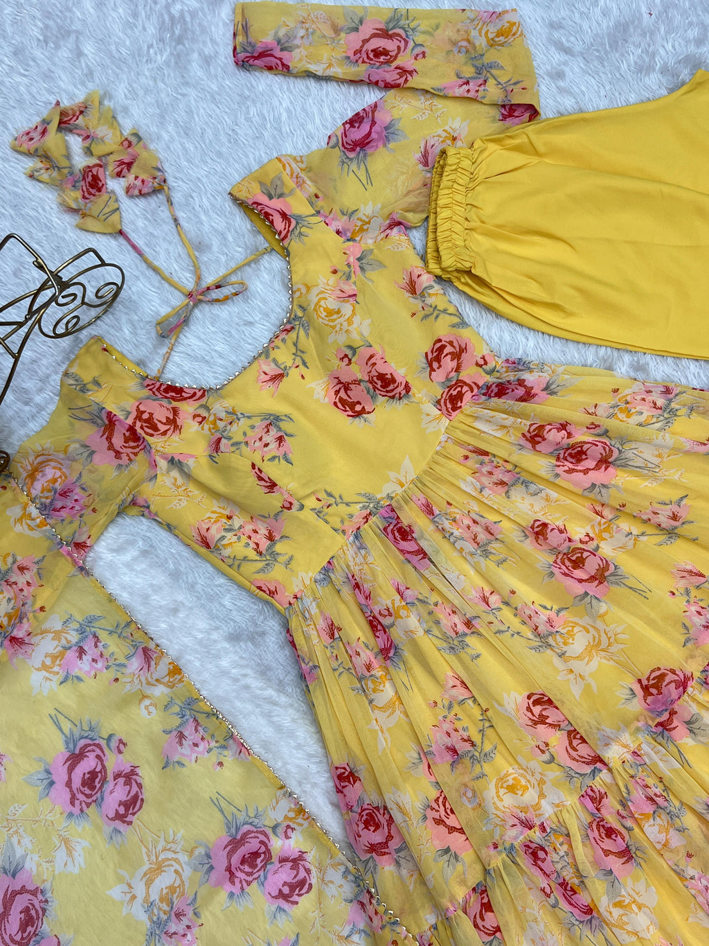 Graceful Yellow Floral Printed Fully Stitched Anarkali Pant Suit - Ethnicwish