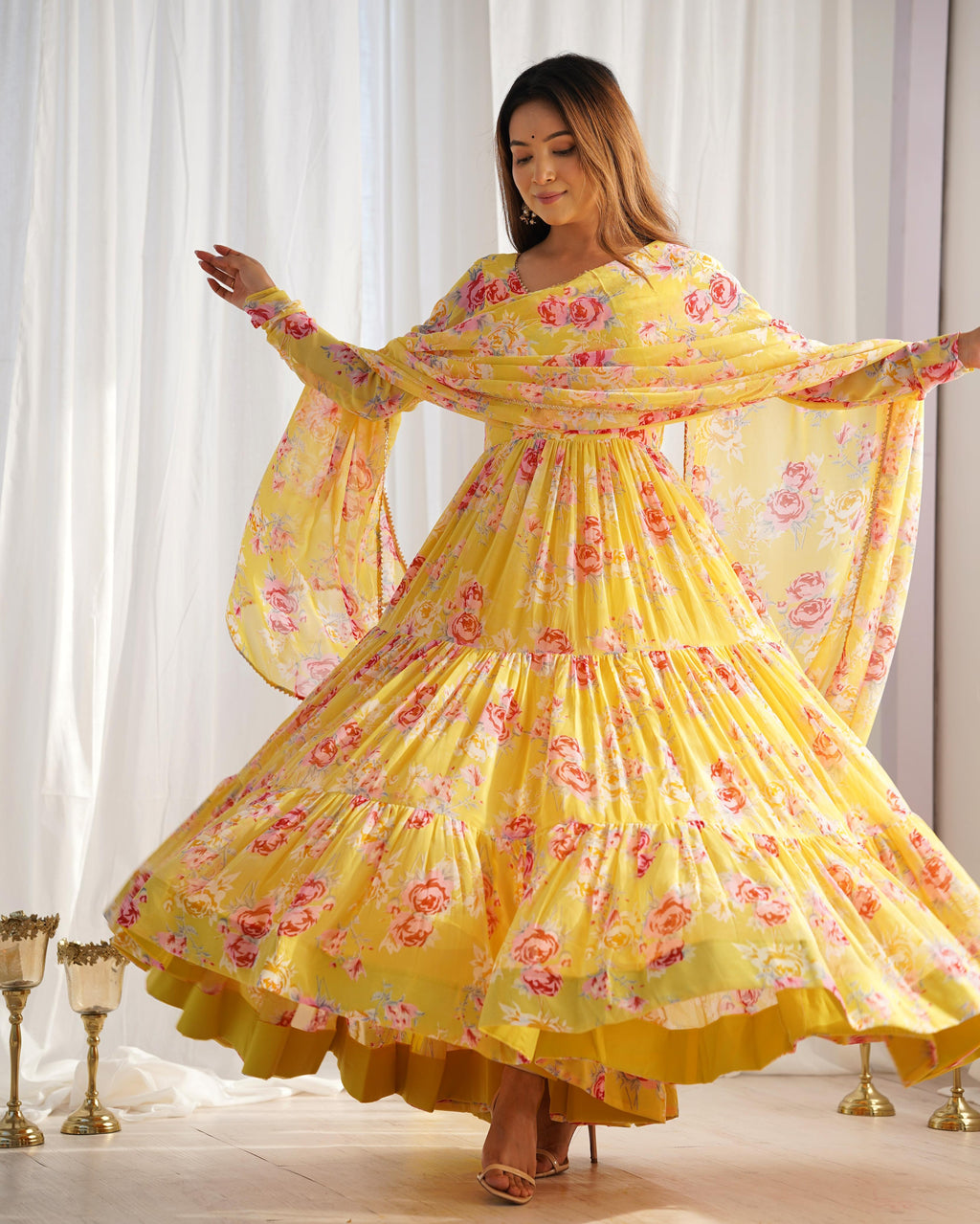 Graceful Yellow Floral Printed Fully Stitched Anarkali Pant Suit - Ethnicwish