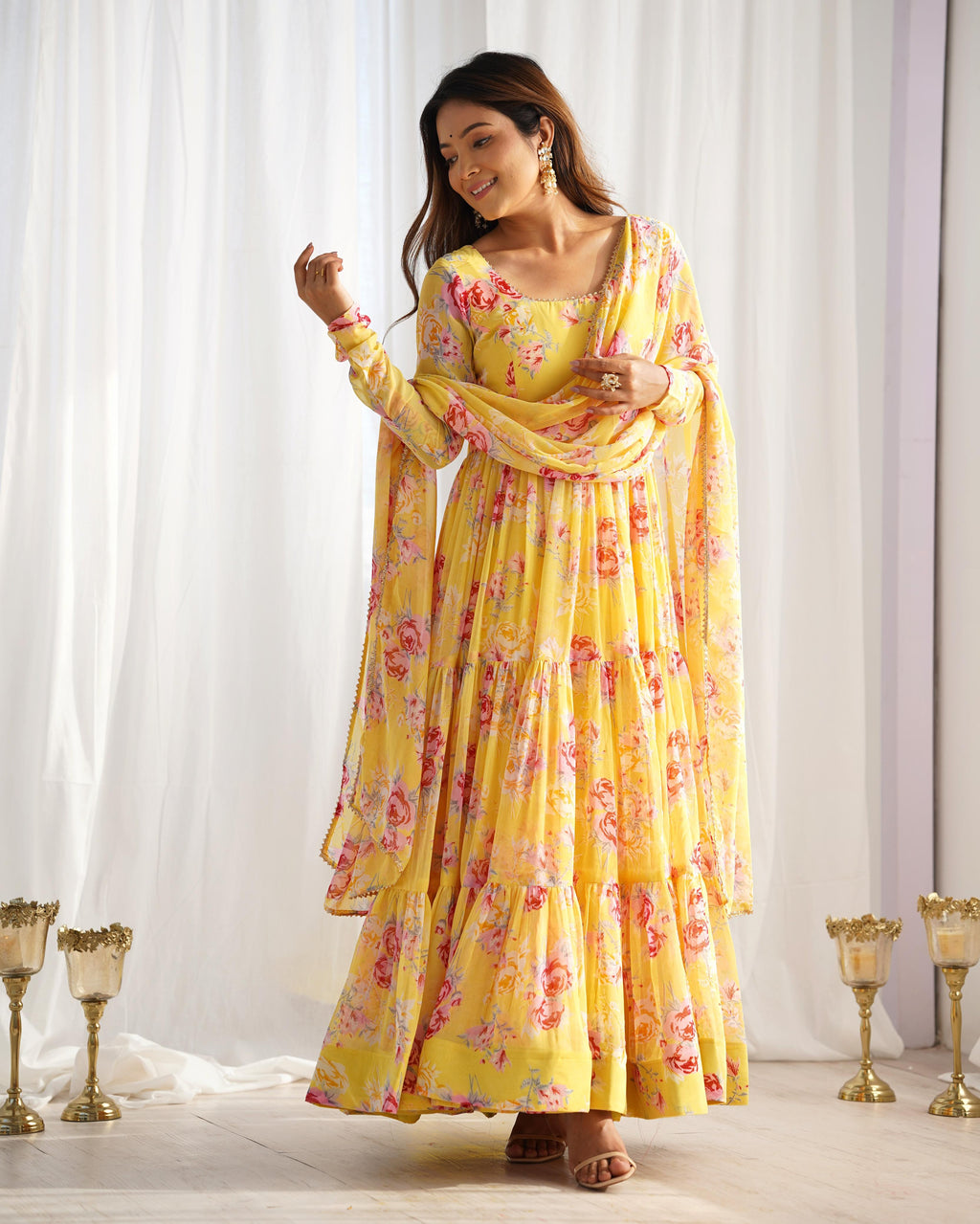 Graceful Yellow Floral Printed Fully Stitched Anarkali Pant Suit - Ethnicwish