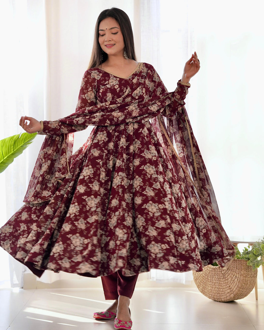 Exquisite Dark Maroon Floral Printed Fully Stitched Designer Anarkali Pant Suit - Ethnicwish