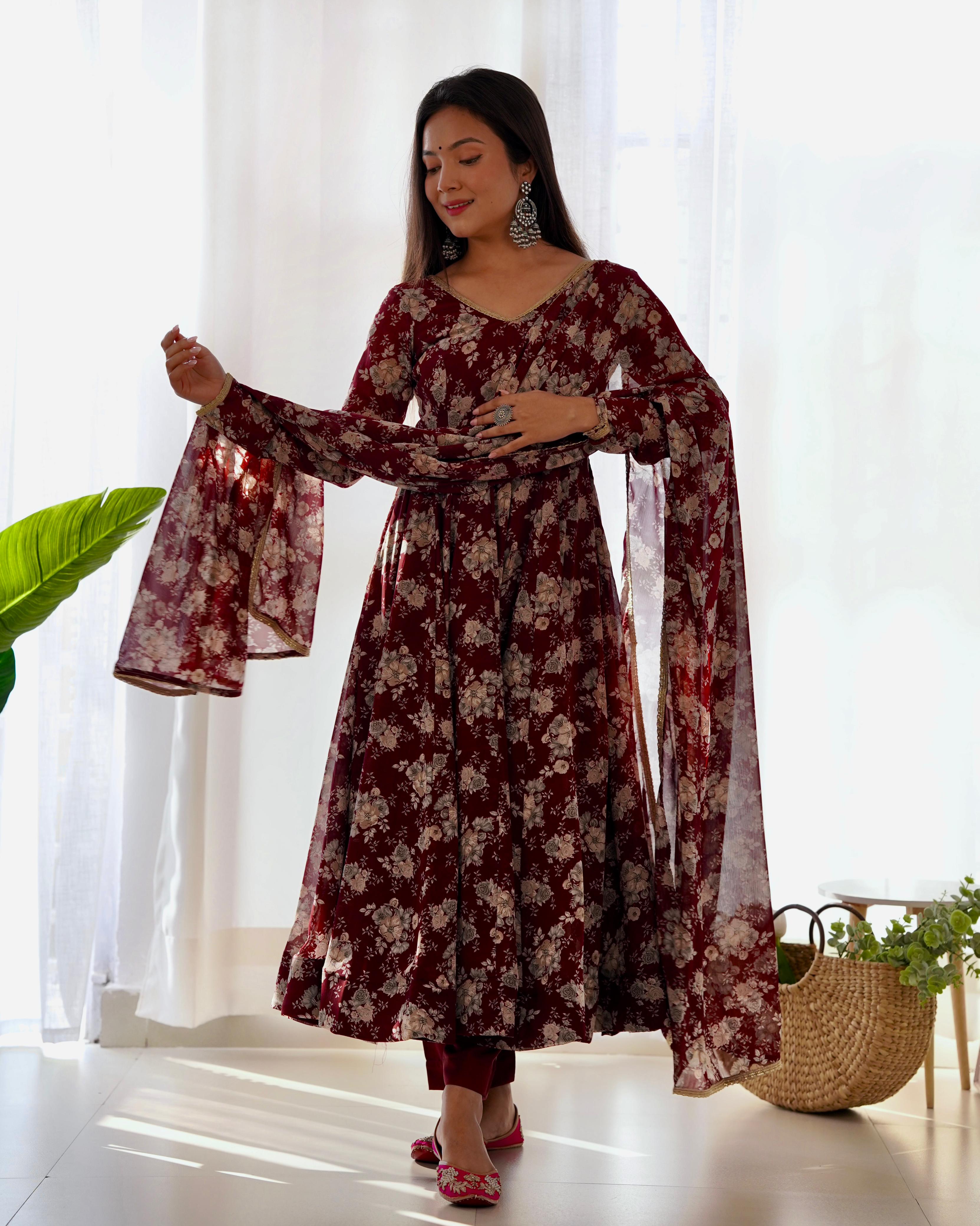 Exquisite Dark Maroon Floral Printed Fully Stitched Designer Anarkali Pant Suit - Ethnicwish