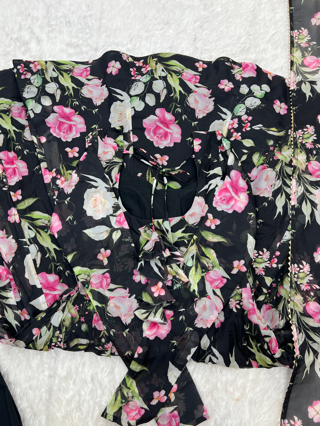 Ravishing Black Pure Organza Silk Floral Printed Anarkali Pant Suit - ETHNICDEAL