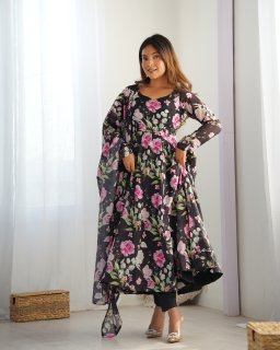 Ravishing Black Pure Organza Silk Floral Printed Anarkali Pant Suit - ETHNICDEAL
