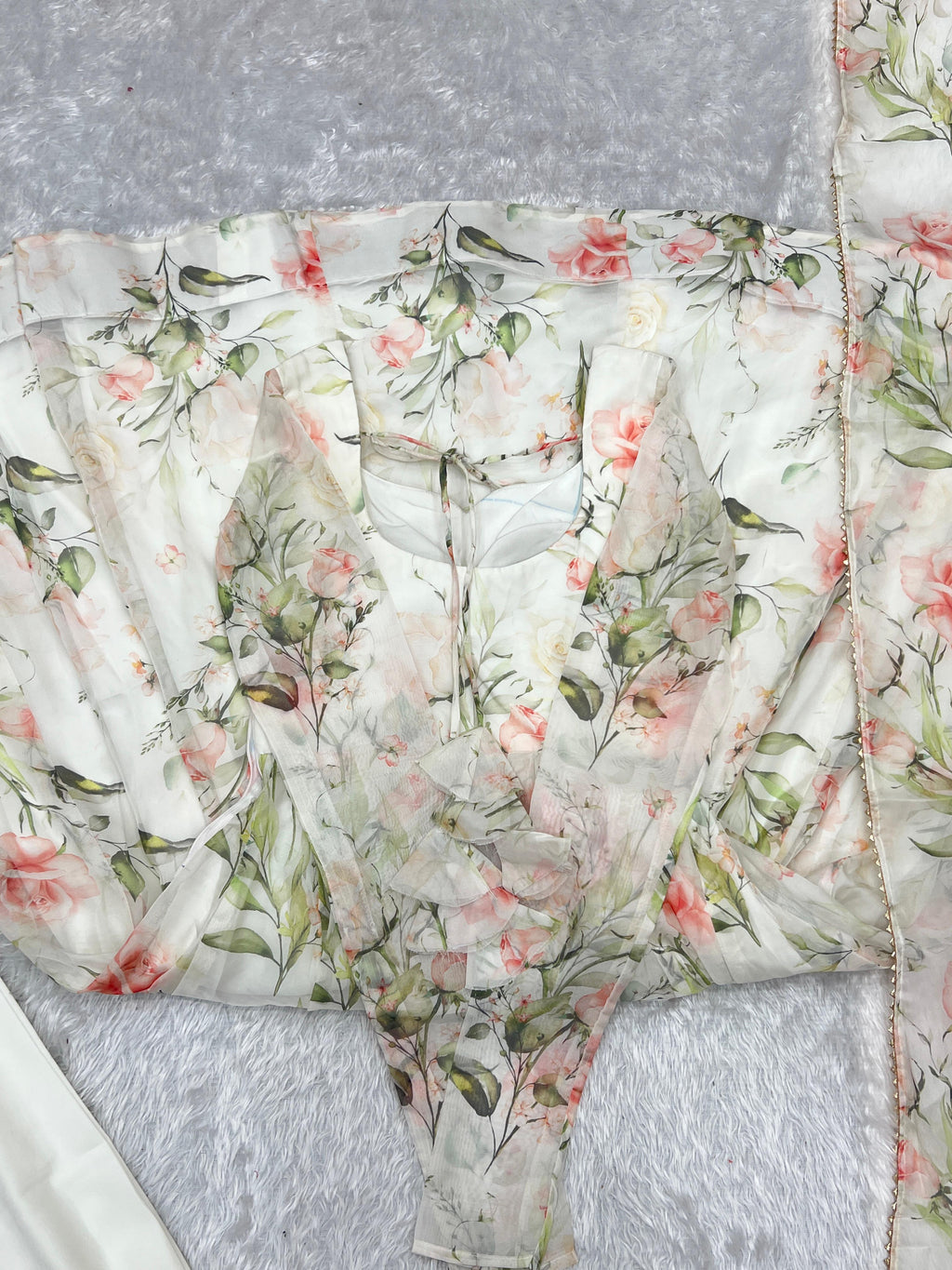 Fabulous White Pure Organza Silk Floral Printed Anarkali Pant Suit - Ethnicwish