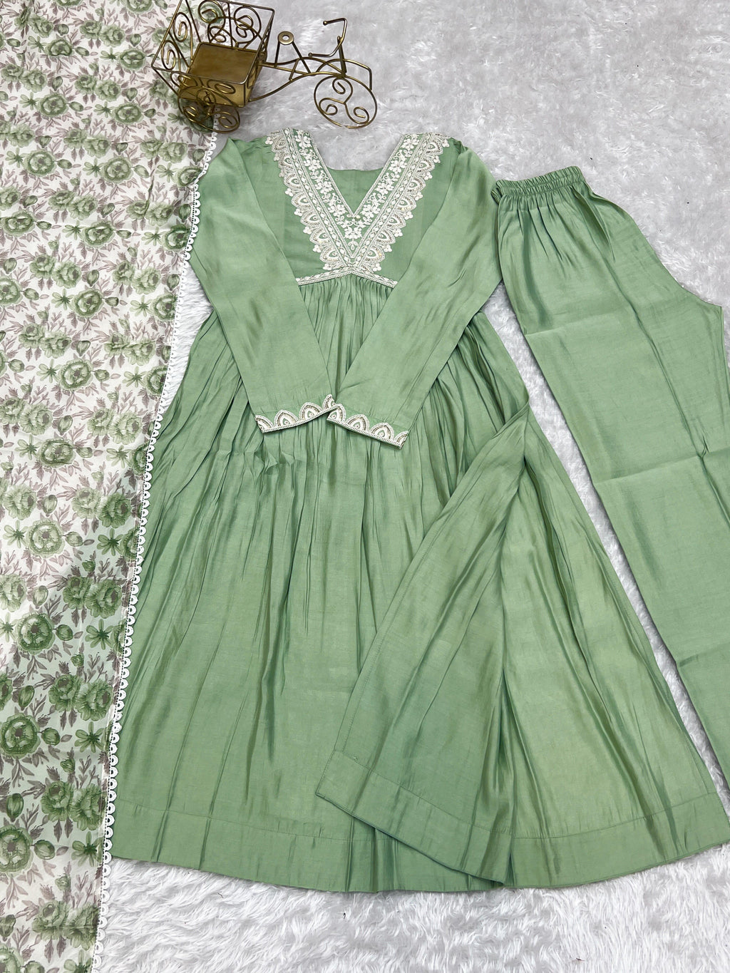 Elegant Pista Green Nyra Cut Roman Silk Anarkali Pant Suit - Ethnicwish