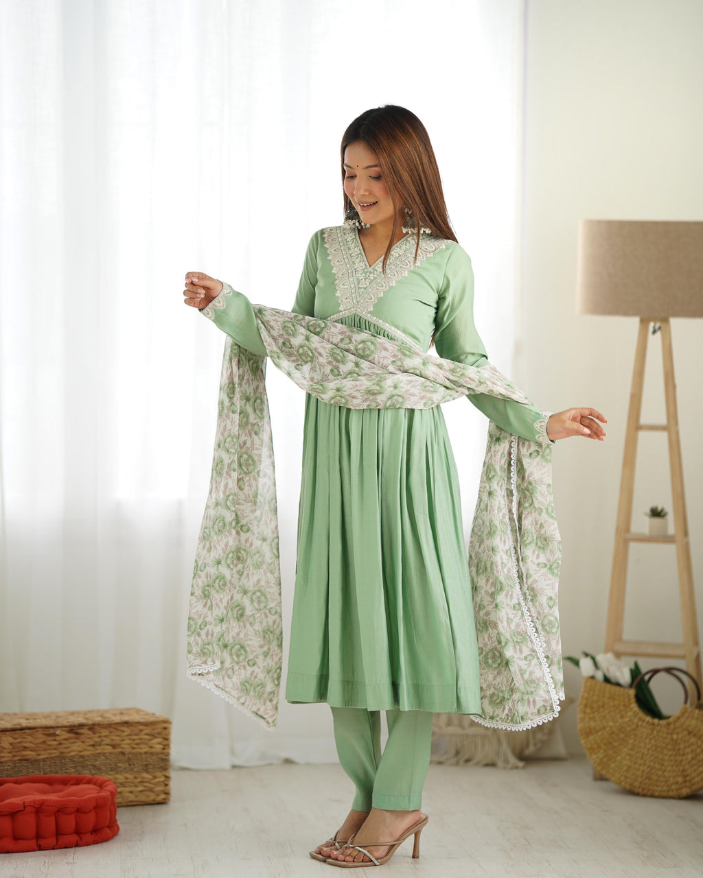 Elegant Pista Green Nyra Cut Roman Silk Anarkali Pant Suit - Ethnicwish