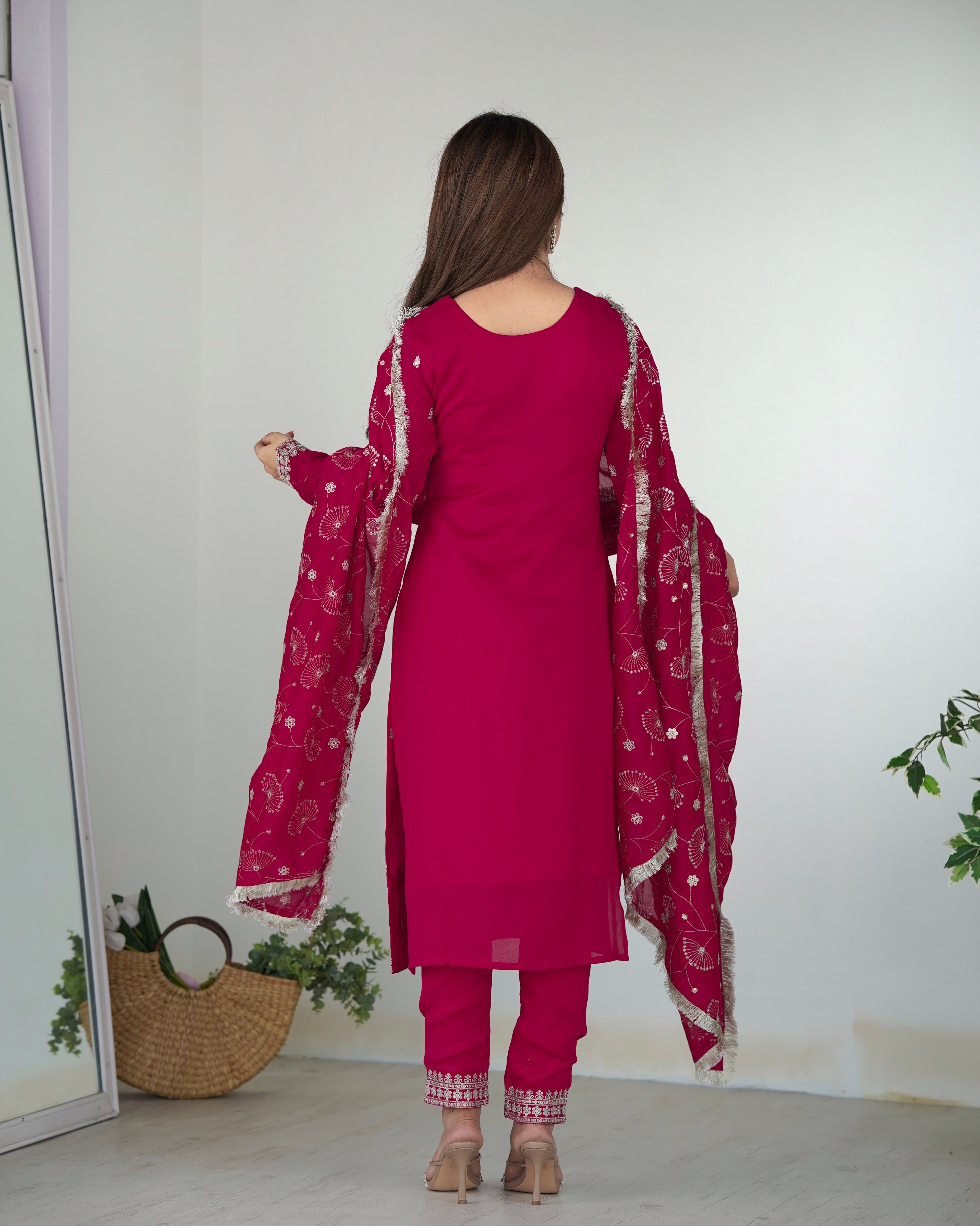 Lovely Pink Rangoli Silk Sequins Zari Embroidered Kurti Pant Suit - Ethnicwish