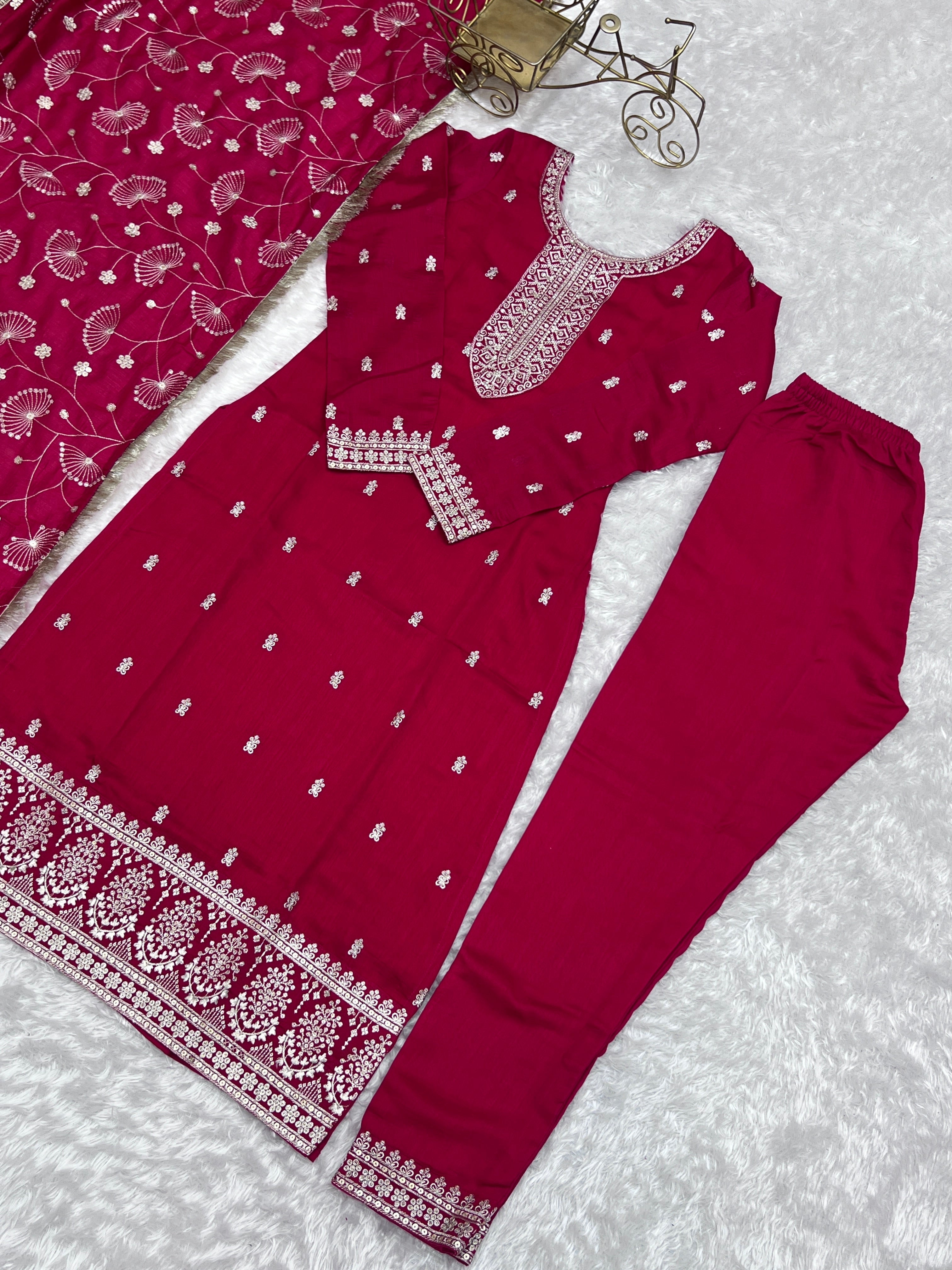 Lovely Pink Rangoli Silk Sequins Zari Embroidered Kurti Pant Suit - Ethnicwish