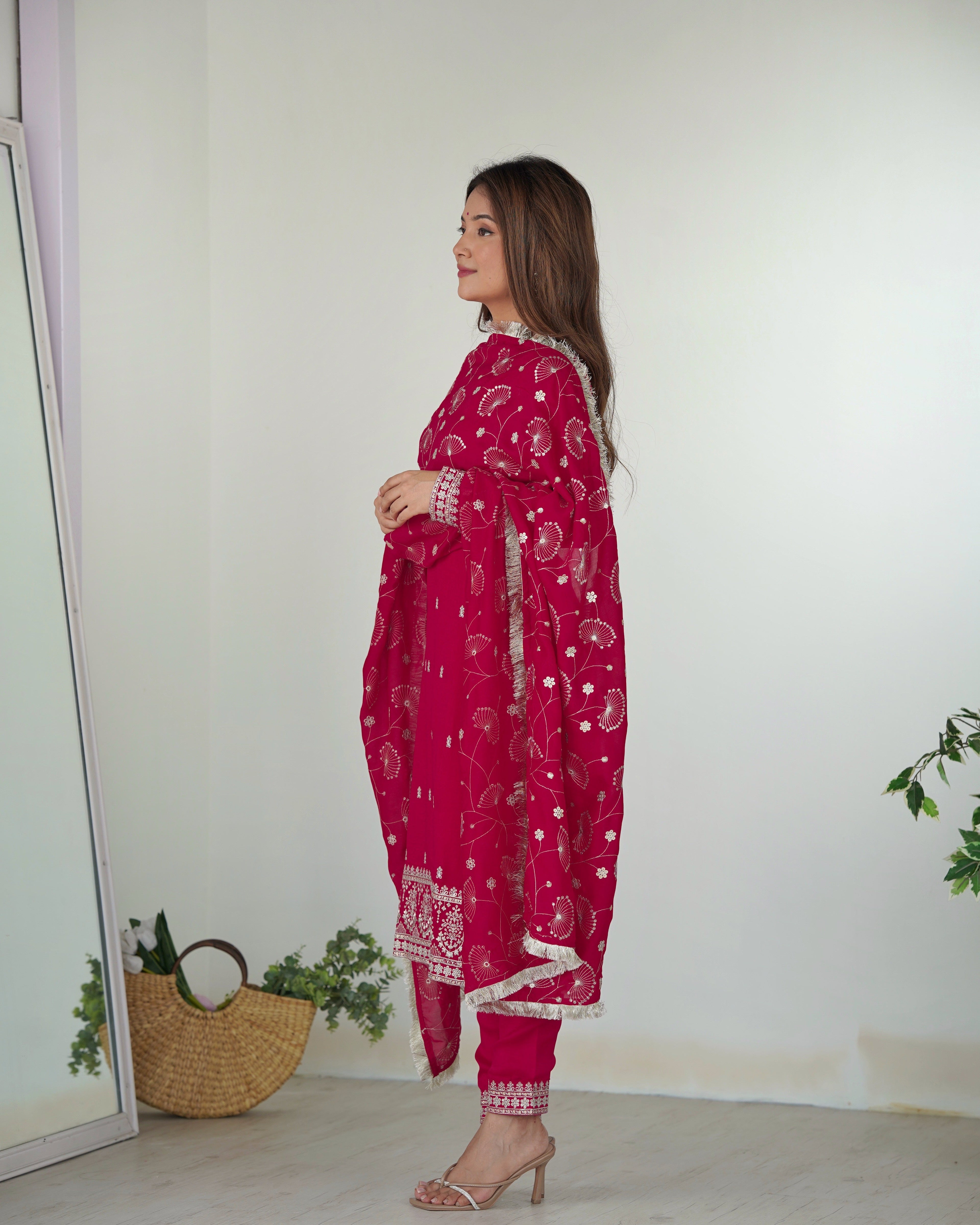 Lovely Pink Rangoli Silk Sequins Zari Embroidered Kurti Pant Suit - Ethnicwish