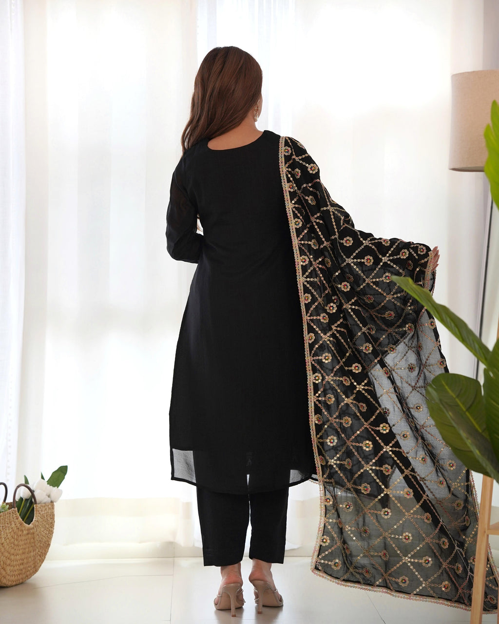 Amazing Black Pure Vichitra Silk Sequins Dori Thread Worked Suit - Ethnicwish
