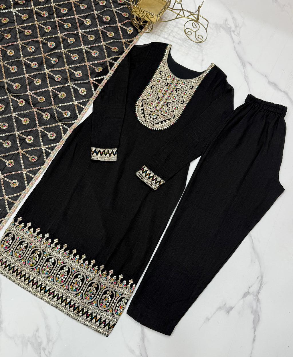 Amazing Black Pure Vichitra Silk Sequins Dori Thread Worked Suit - Ethnicwish