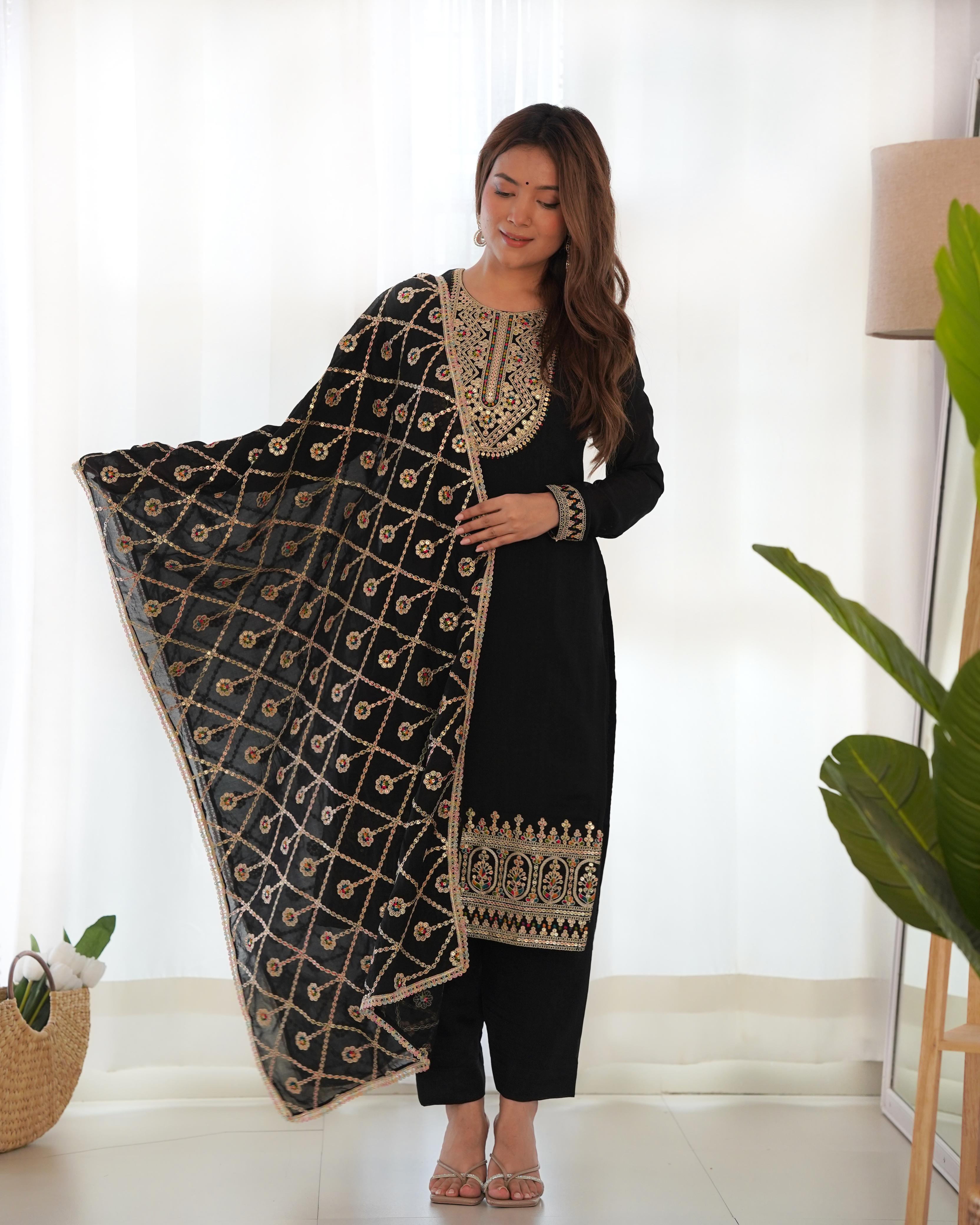 Amazing Black Pure Vichitra Silk Sequins Dori Thread Worked Suit - Ethnicwish