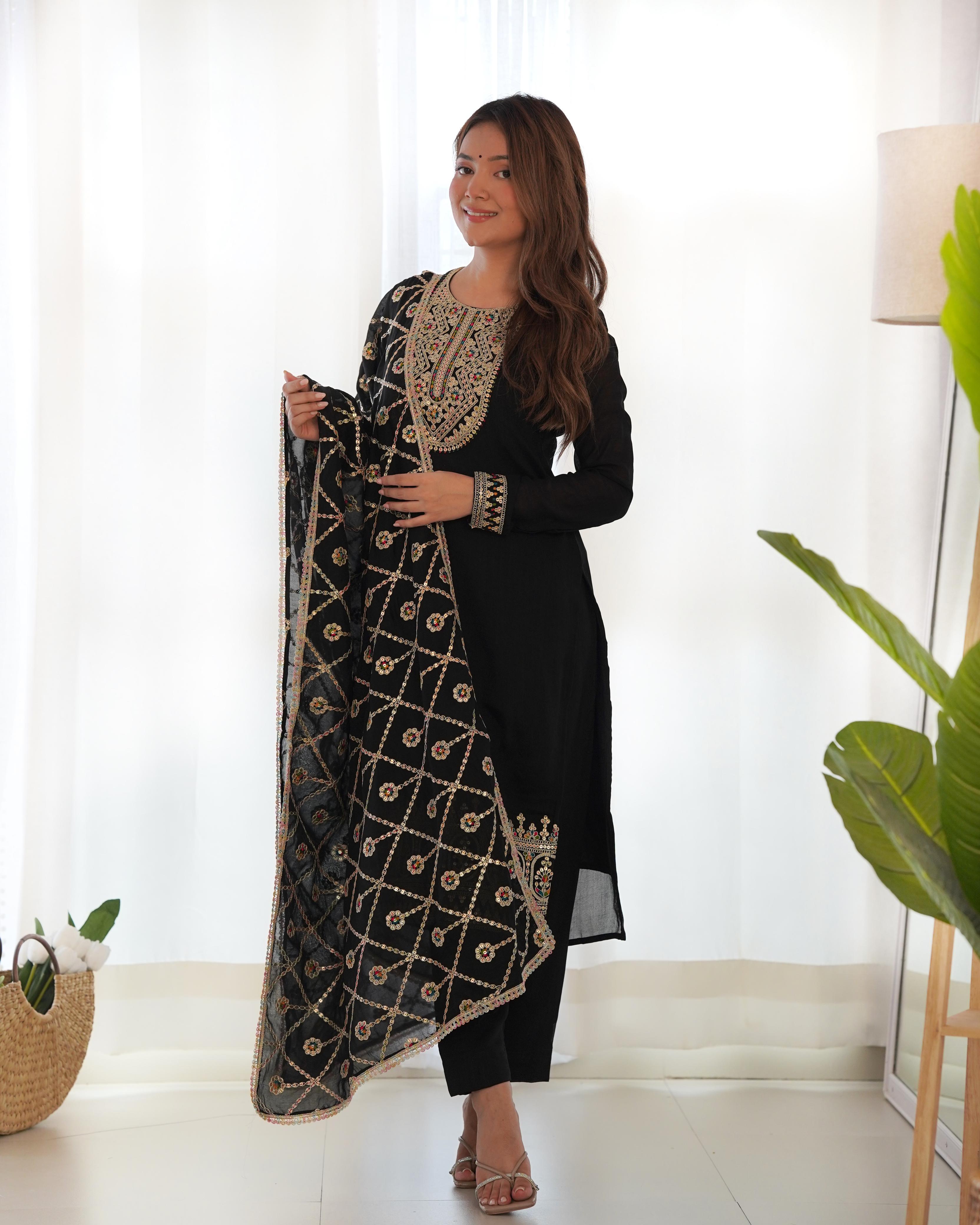 Amazing Black Pure Vichitra Silk Sequins Dori Thread Worked Suit - Ethnicwish