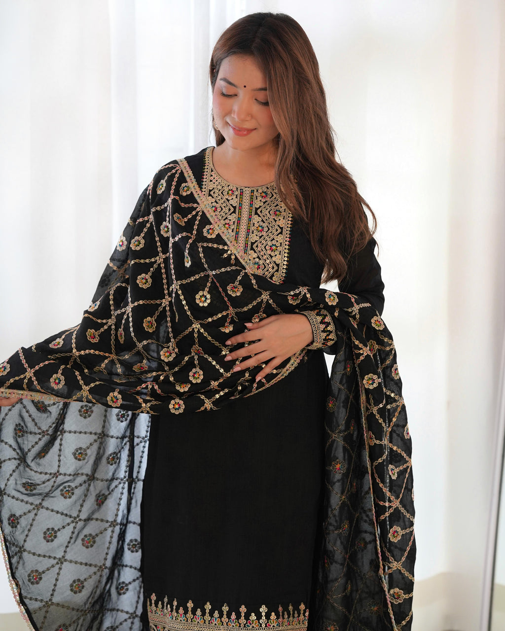 Amazing Black Pure Vichitra Silk Sequins Dori Thread Worked Suit - Ethnicwish