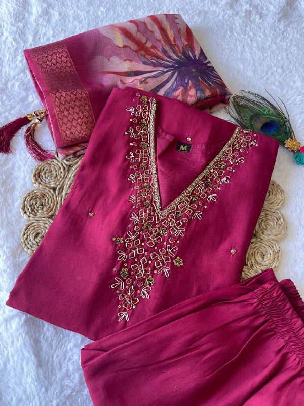 Elegant Rani Pink Roman Silk Handworked Kurta Pant Dupatta Set - Ethnicwish