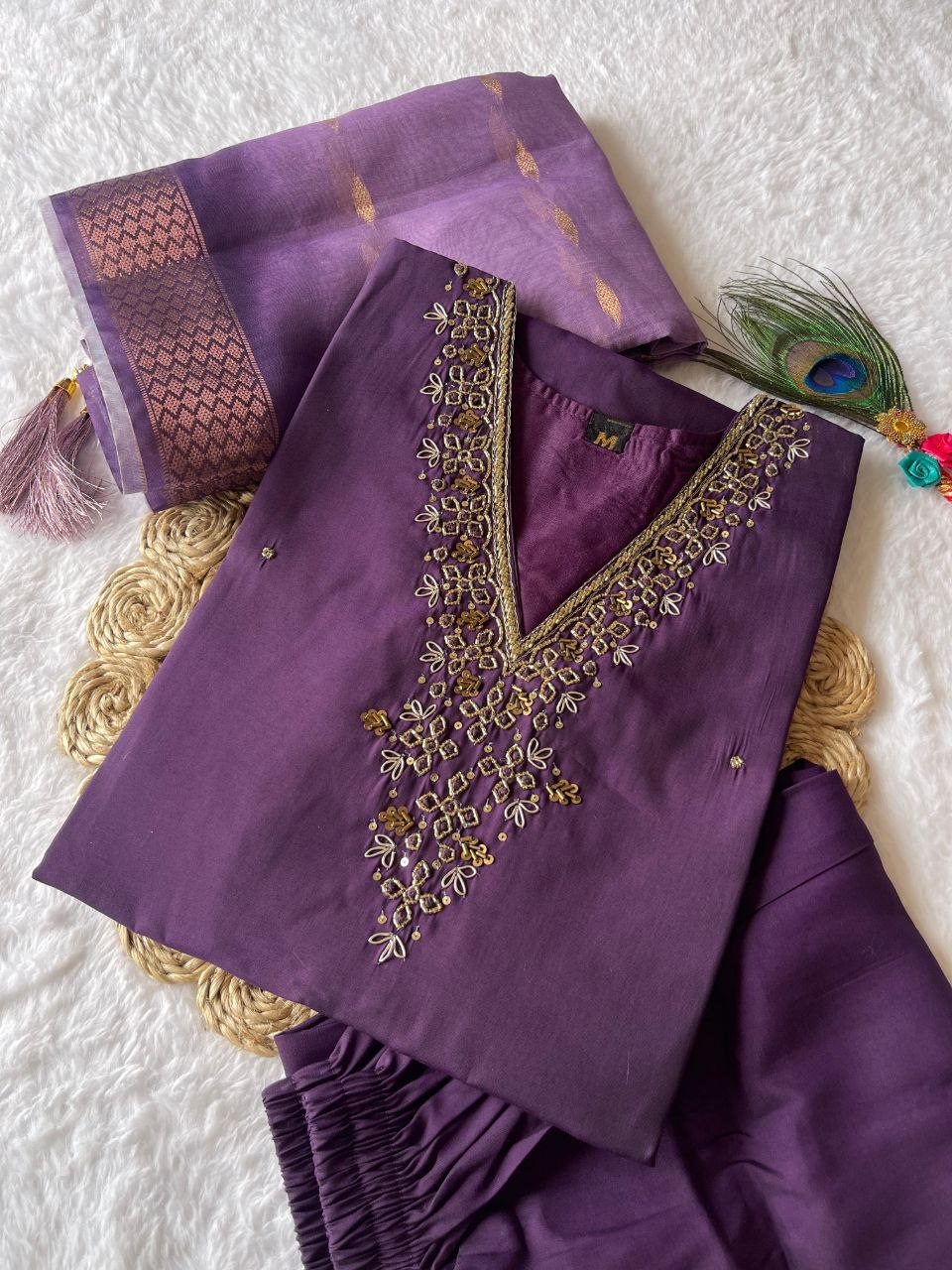 Lovely Purpleberry Roman Silk Handworked Kurta Pant Dupatta Set - Ethnicwish
