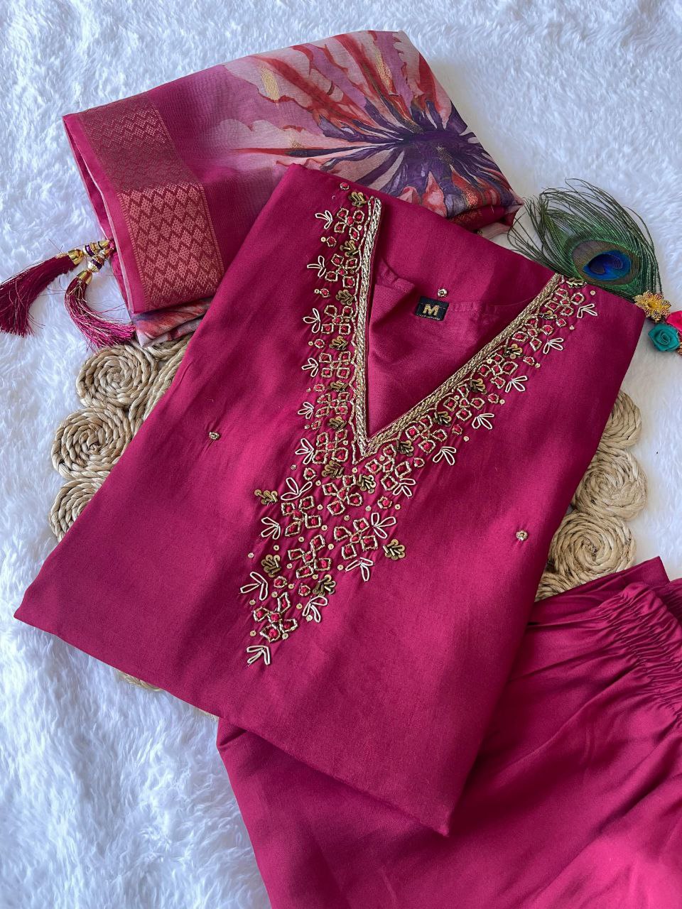 Elegant Rani Pink Roman Silk Handworked Kurta Pant Dupatta Set - Ethnicwish