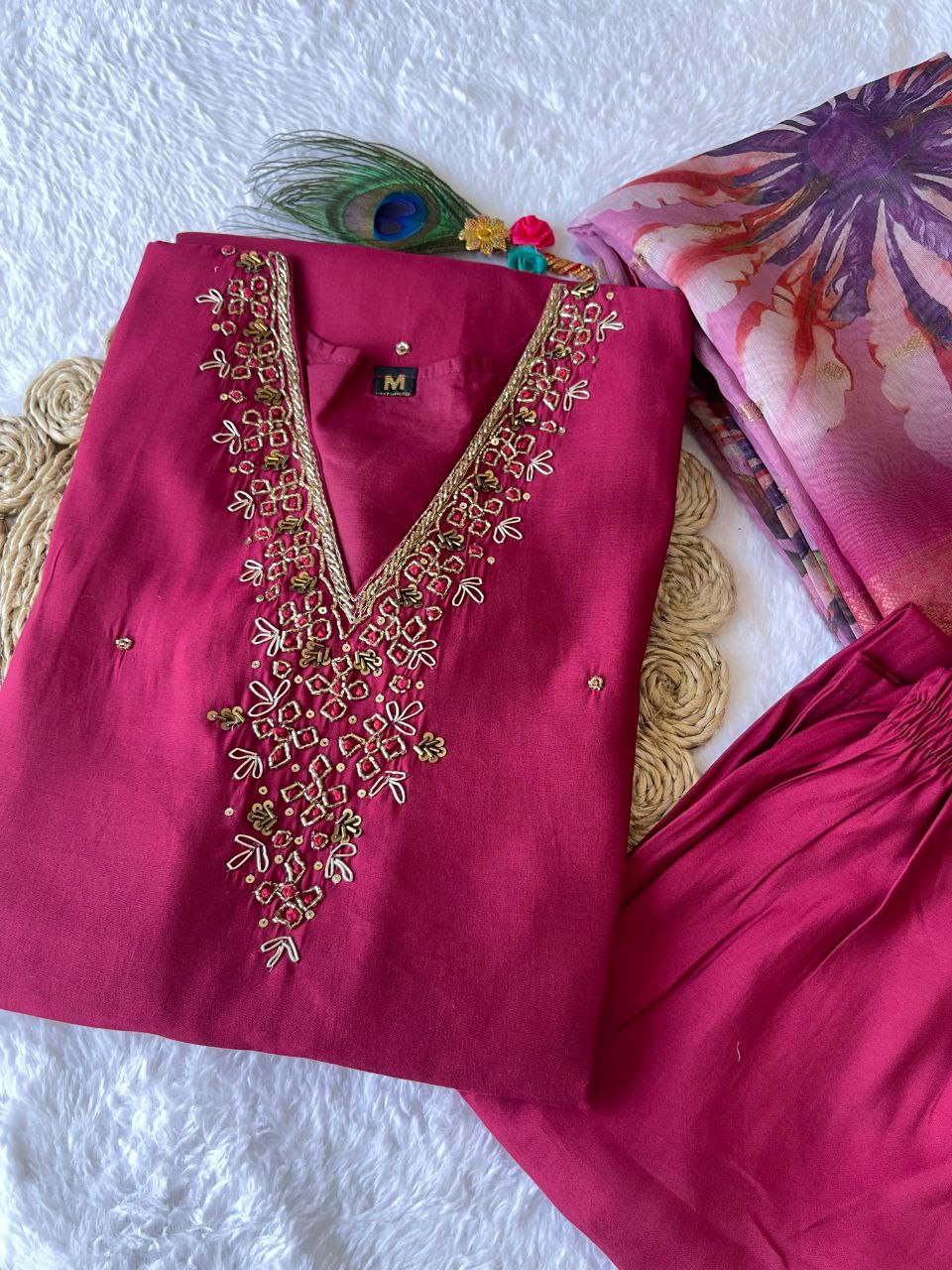 Elegant Rani Pink Roman Silk Handworked Kurta Pant Dupatta Set - Ethnicwish