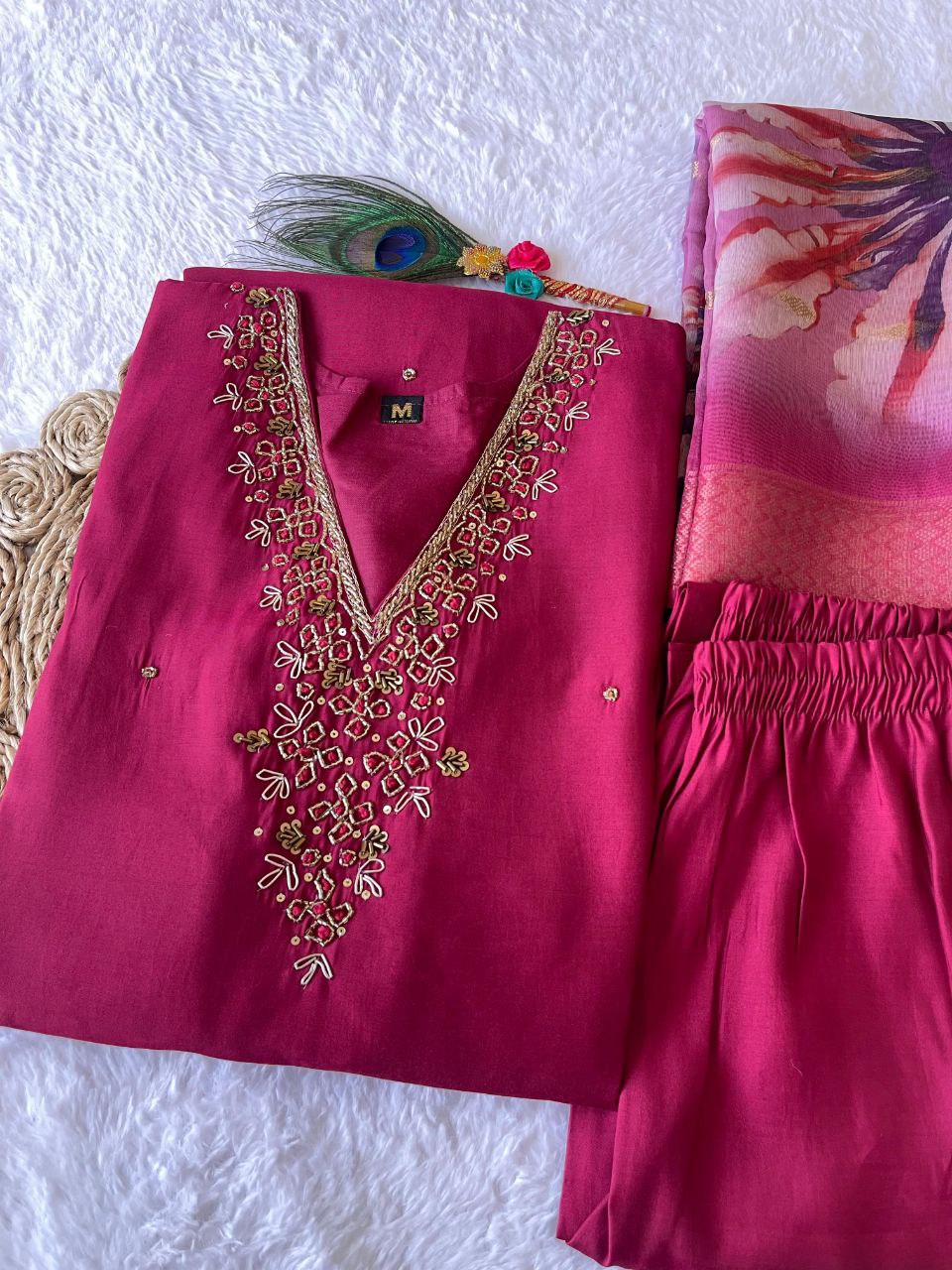 Elegant Rani Pink Roman Silk Handworked Kurta Pant Dupatta Set - Ethnicwish