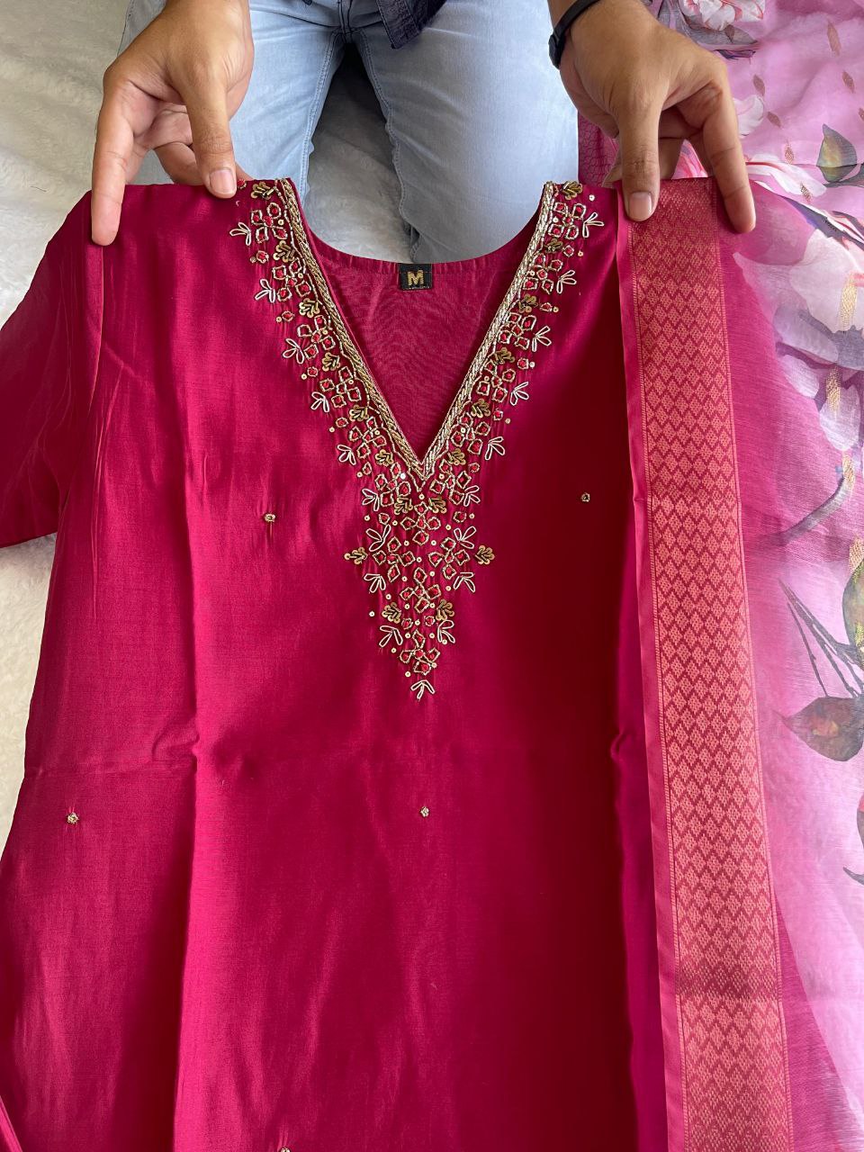 Elegant Rani Pink Roman Silk Handworked Kurta Pant Dupatta Set - Ethnicwish