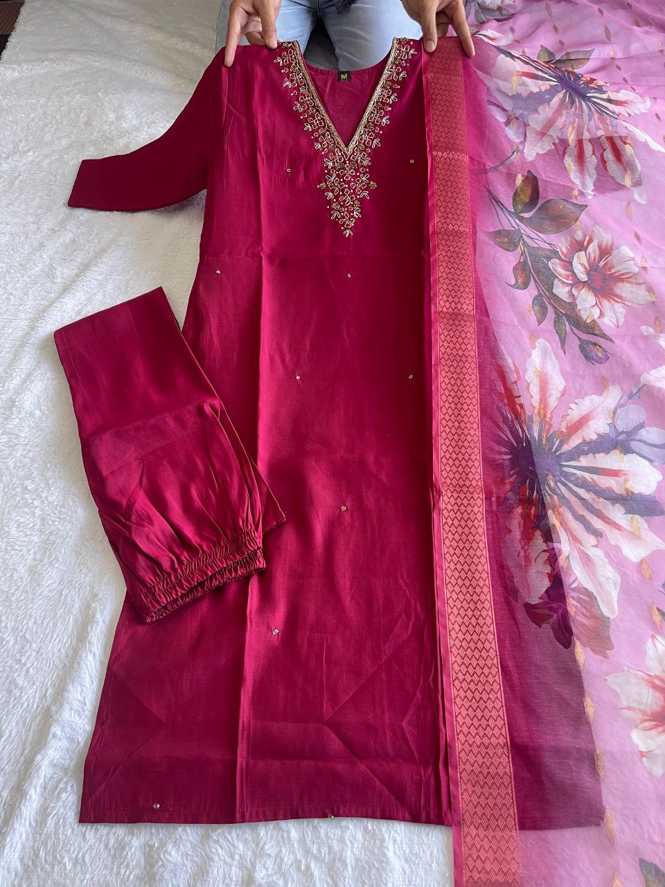 Elegant Rani Pink Roman Silk Handworked Kurta Pant Dupatta Set - Ethnicwish