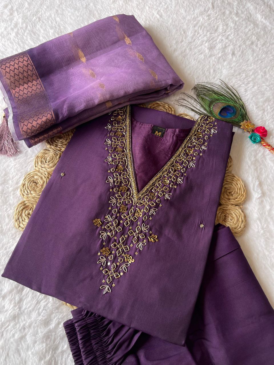Lovely Purpleberry Roman Silk Handworked Kurta Pant Dupatta Set - Ethnicwish