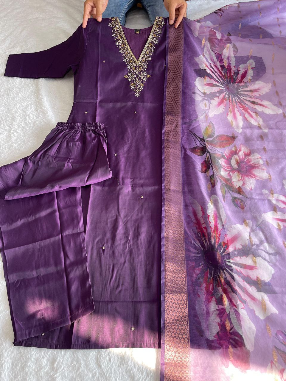 Entrancing Wine Roman Silk Handworked Kurta Pant Dupatta Set - Ethnicwish