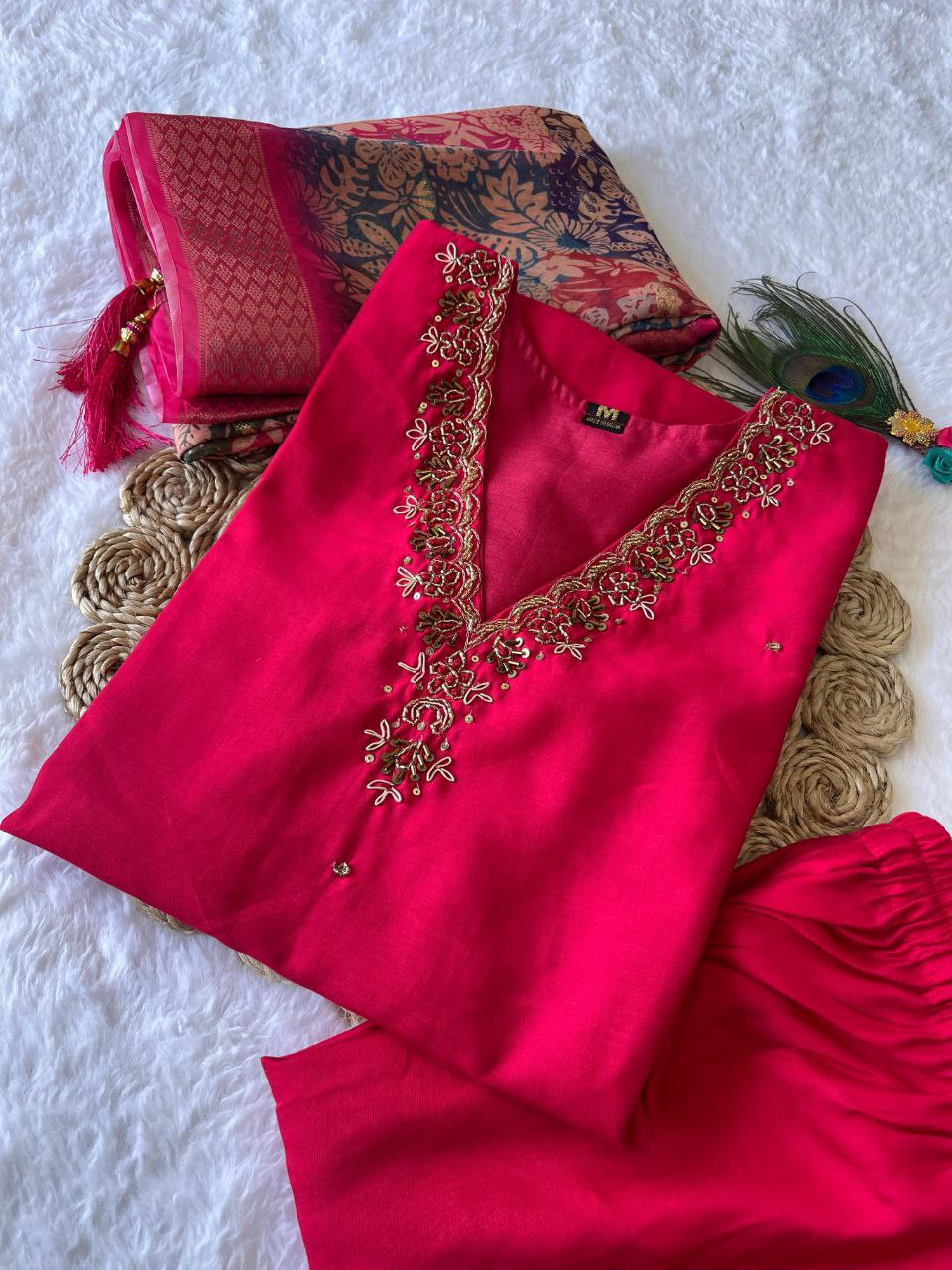 Glamorous Rasberry Roman Silk Handworked Kurta Pant Dupatta Set - Ethnicwish