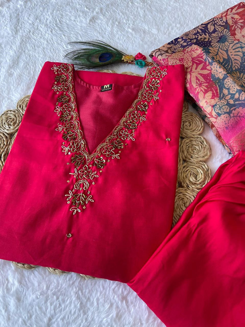 Glamorous Rasberry Roman Silk Handworked Kurta Pant Dupatta Set - Ethnicwish