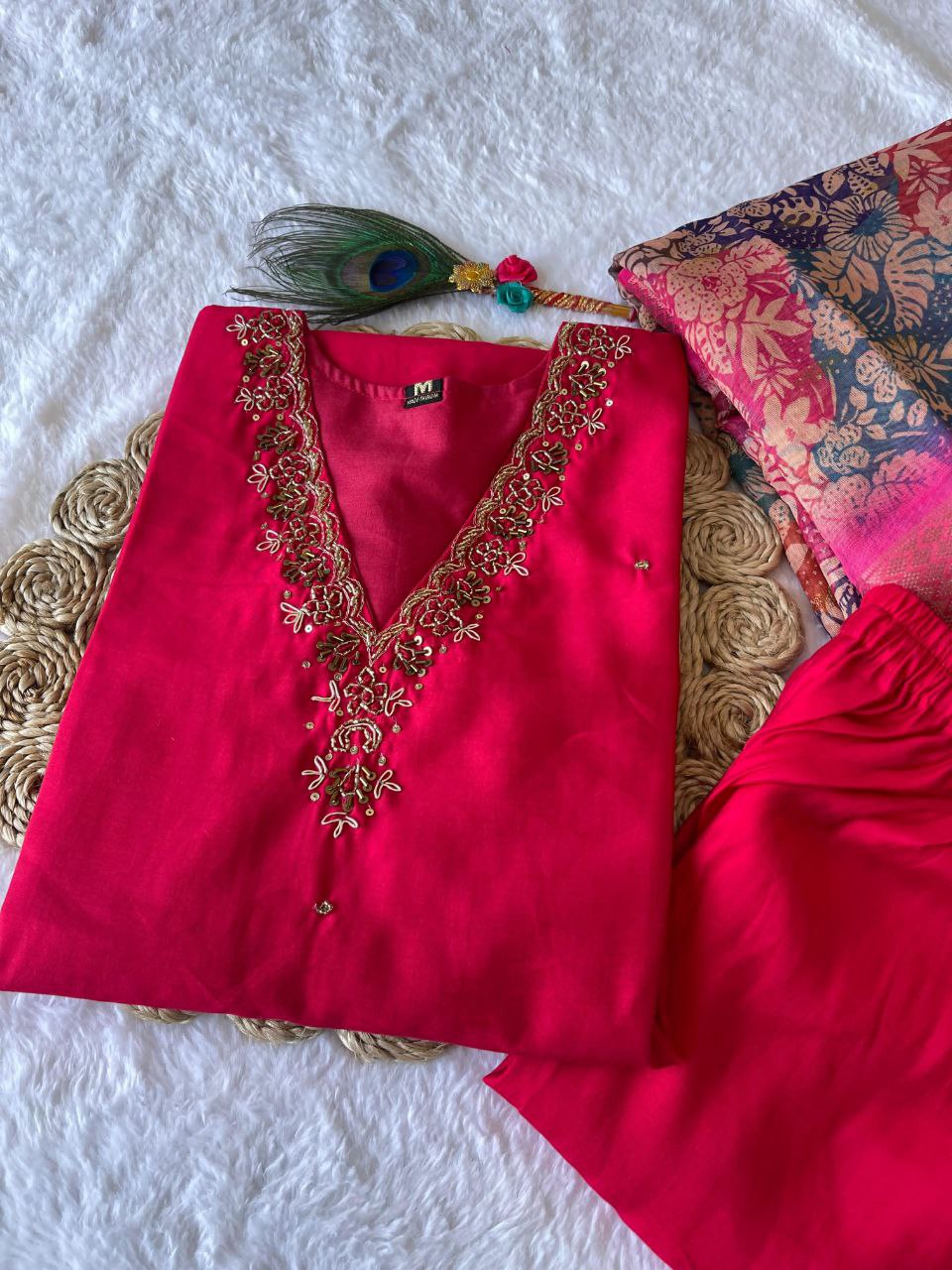 Glamorous Rasberry Roman Silk Handworked Kurta Pant Dupatta Set - Ethnicwish