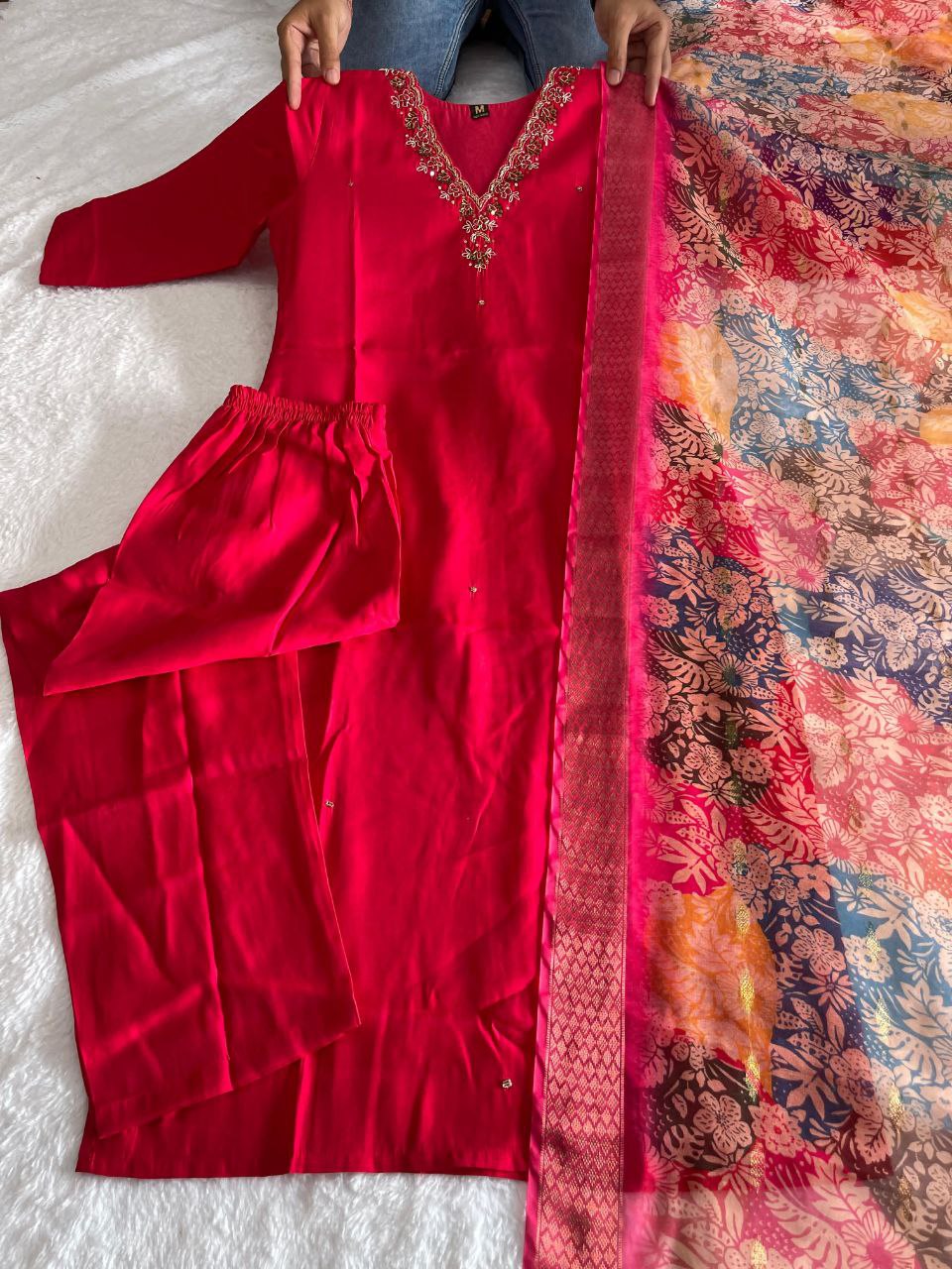 Glamorous Rasberry Roman Silk Handworked Kurta Pant Dupatta Set - Ethnicwish