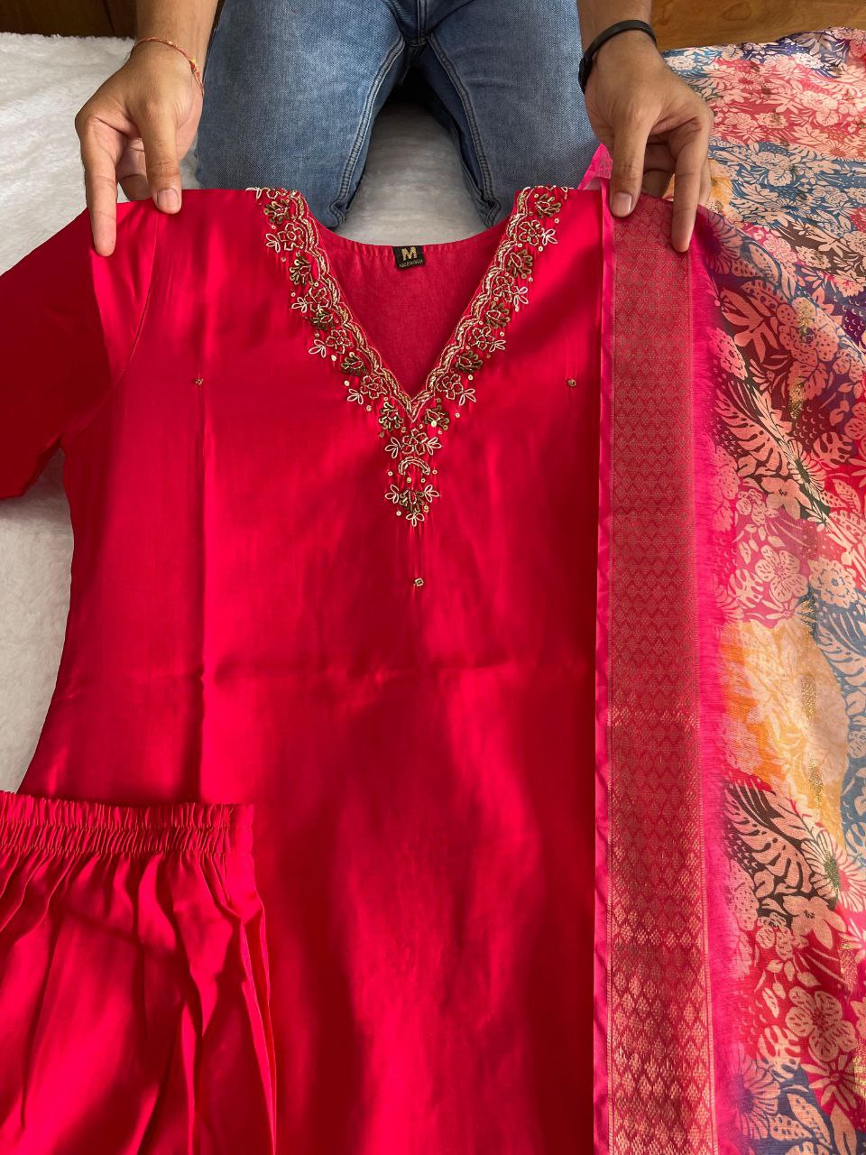 Glamorous Rasberry Roman Silk Handworked Kurta Pant Dupatta Set - Ethnicwish