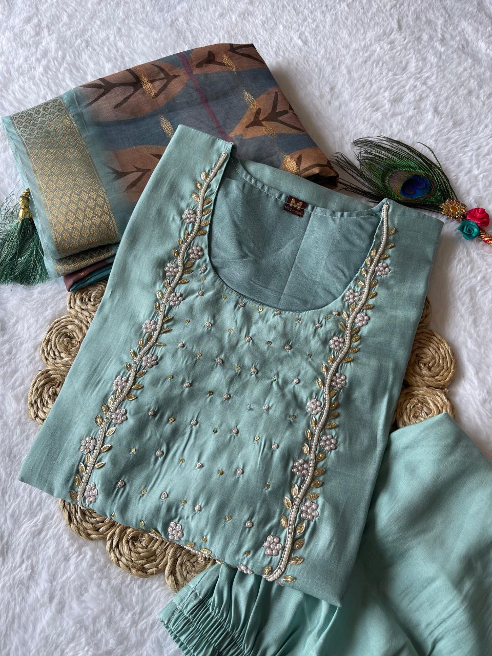 Majestic Cyan Roman Silk Handworked Kurta Pant Dupatta Set - Ethnicwish