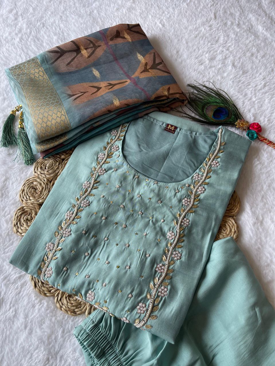 Majestic Cyan Roman Silk Handworked Kurta Pant Dupatta Set - Ethnicwish