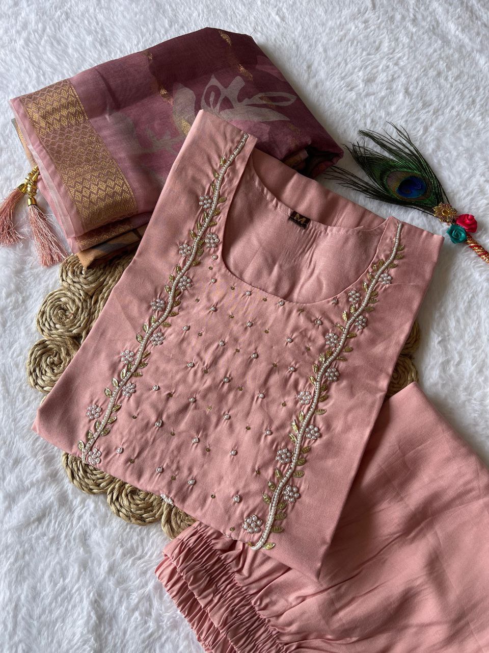 Shimmering Light Pink Roman Silk Handworked Kurta Pant Dupatta Set - Ethnicwish