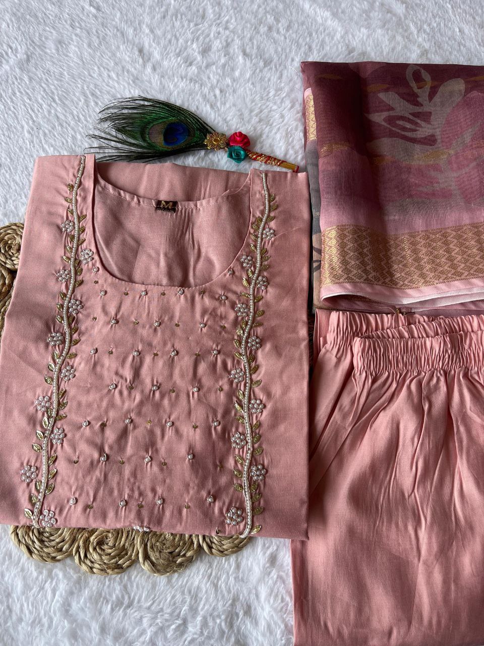 Shimmering Light Pink Roman Silk Handworked Kurta Pant Dupatta Set - Ethnicwish
