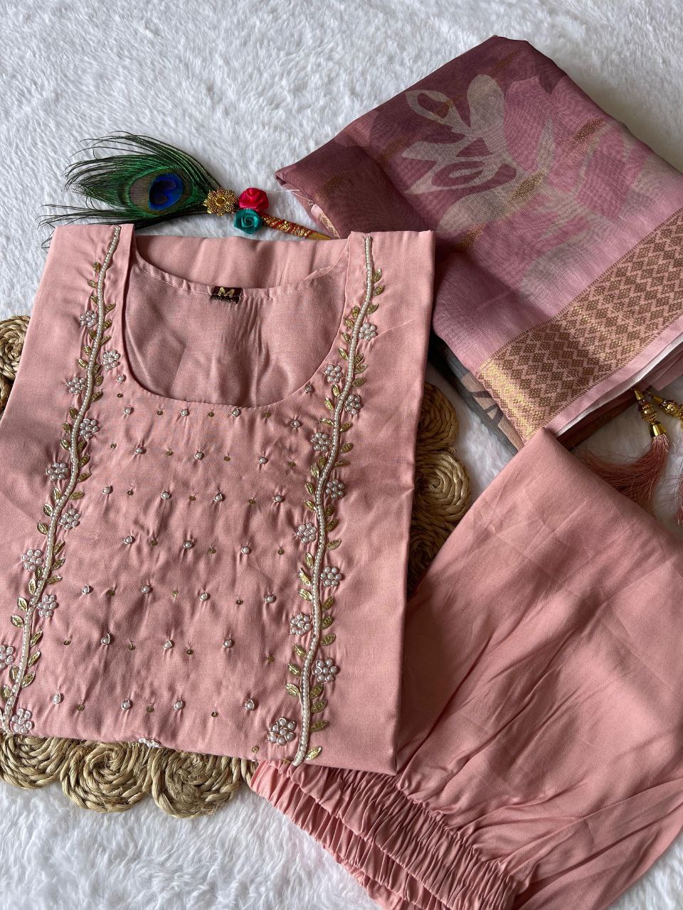 Shimmering Light Pink Roman Silk Handworked Kurta Pant Dupatta Set - Ethnicwish