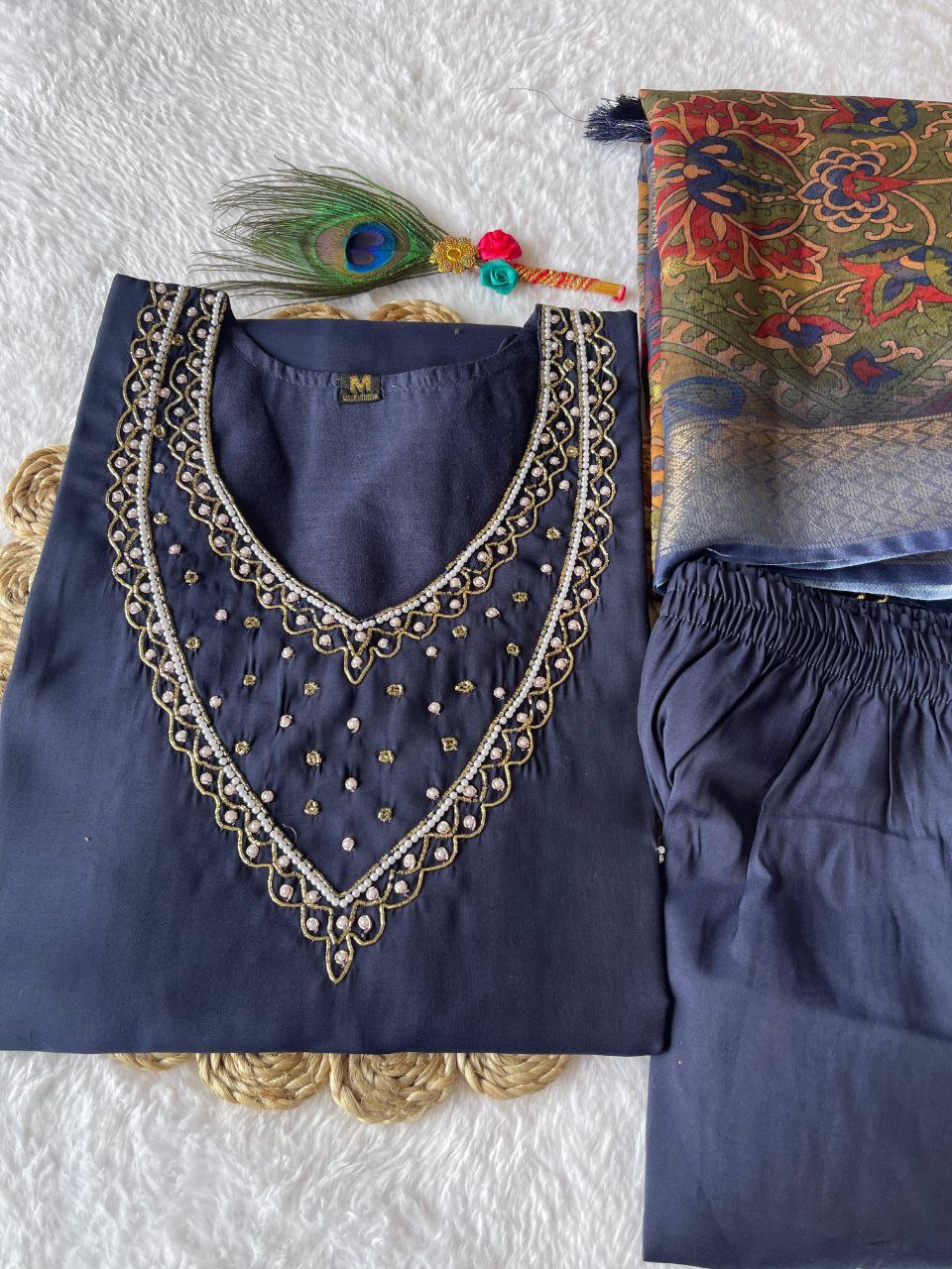Glorious Navy Blue Roman Silk Handworked Kurta Pant Dupatta Set - Ethnicwish
