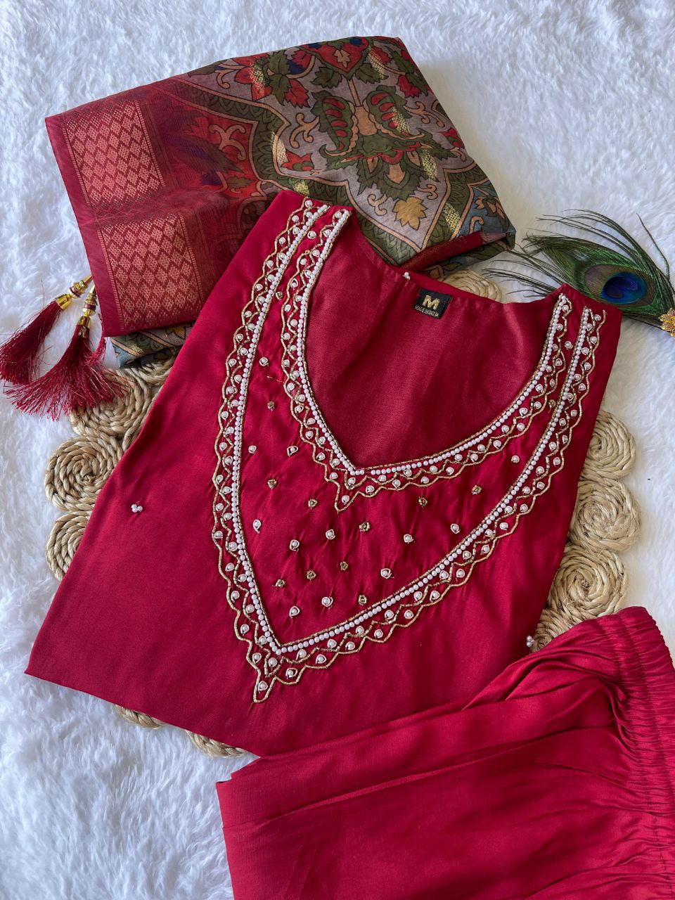 Ethereal Rani Pink Roman Silk Handworked Kurta Pant Dupatta Set - Ethnicwish