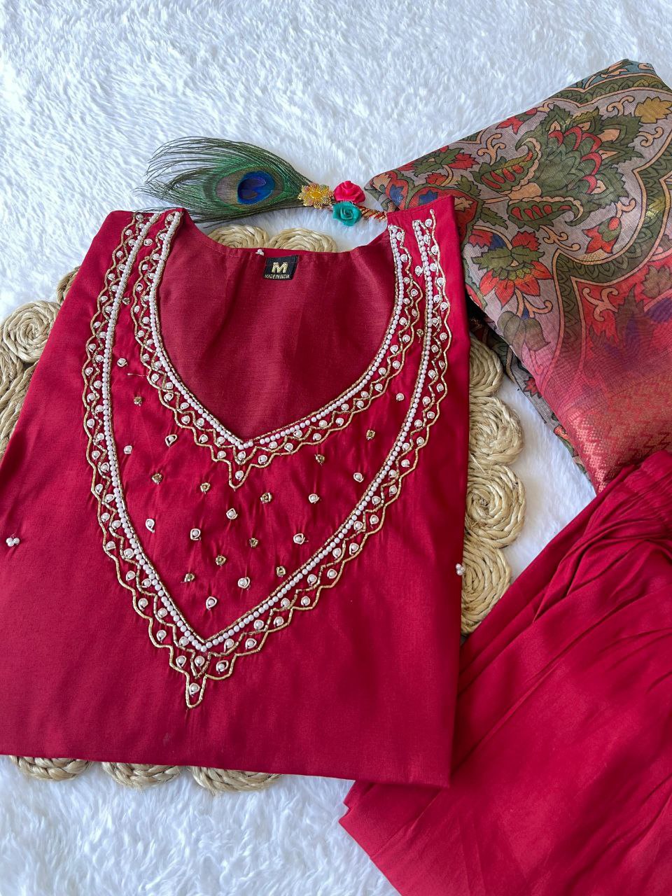 Ethereal Rani Pink Roman Silk Handworked Kurta Pant Dupatta Set - Ethnicwish