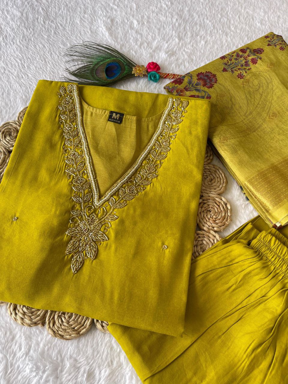 Parrot Green Roman Silk Handworked Kurta Pant Dupatta Set - Ethnicwish