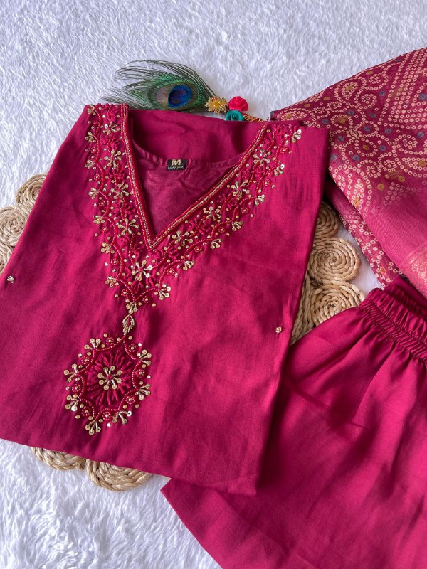 Charming Cherry Roman Silk Handworked Kurta Pant Dupatta Set - Ethnicwish
