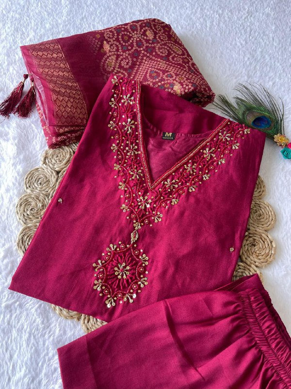 Charming Cherry Roman Silk Handworked Kurta Pant Dupatta Set - Ethnicwish