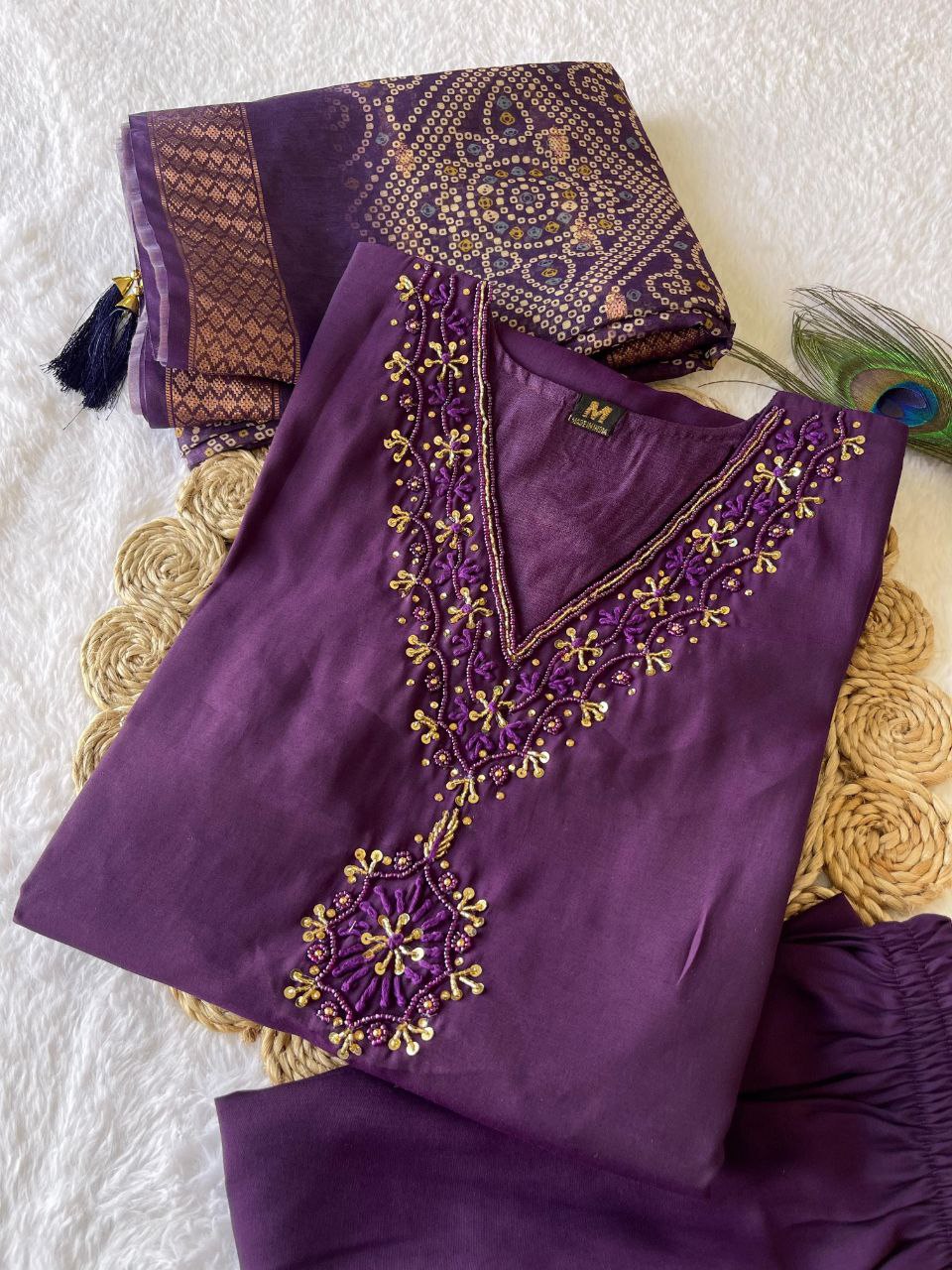 Fascinating Wine Roman Silk Handworked Kurta Pant Dupatta Set - Ethnicwish